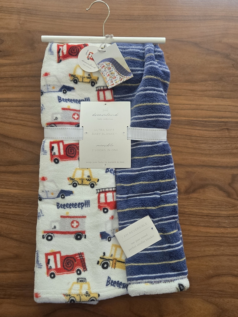 NWT Dreamland Baby Reversible Blanket Fire Truck Stripe Soft Blue White